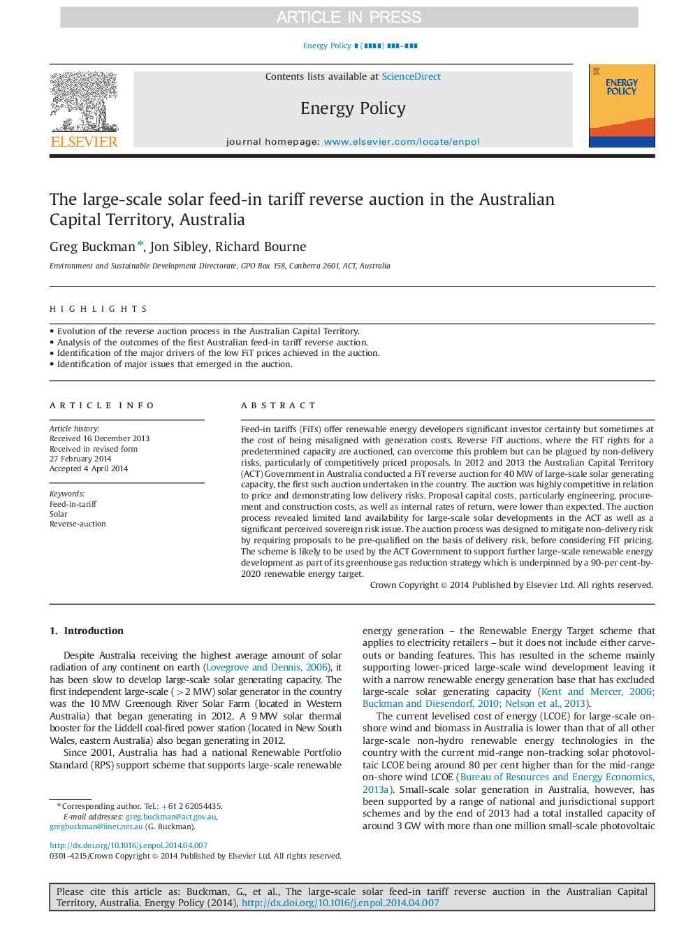 The large-scale solar feed-in tariff reverse auction in the Australian Capital Territory, Australia