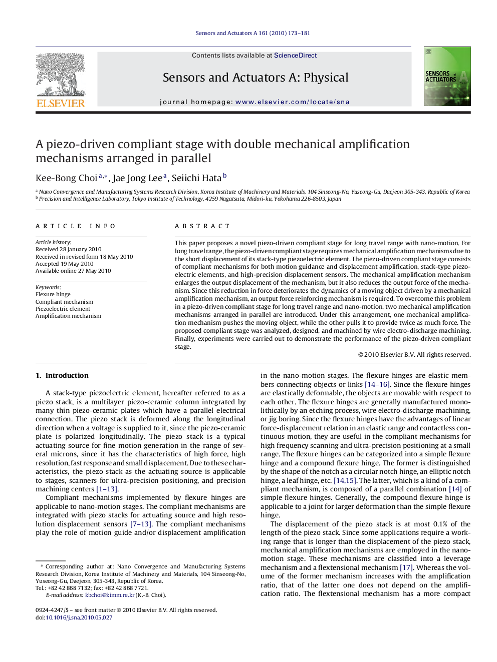 A piezo-driven compliant stage with double mechanical amplification mechanisms arranged in parallel