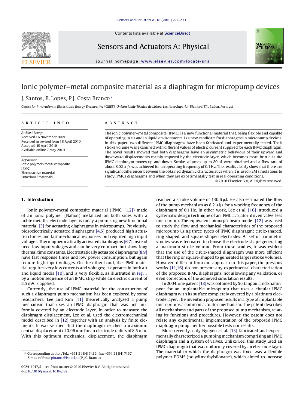 Ionic polymer–metal composite material as a diaphragm for micropump devices