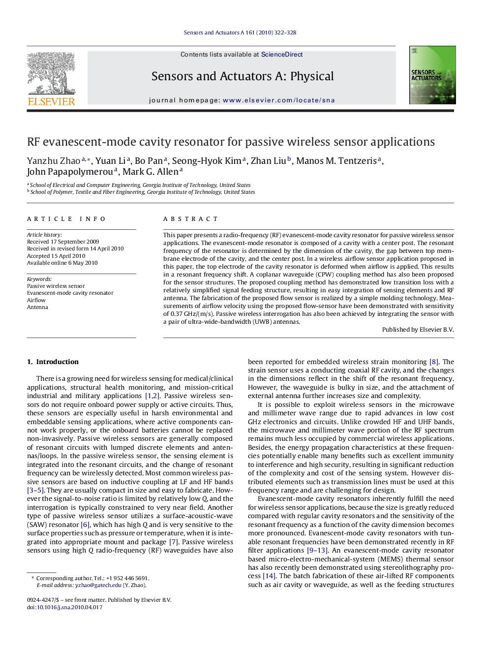 RF evanescent-mode cavity resonator for passive wireless sensor applications