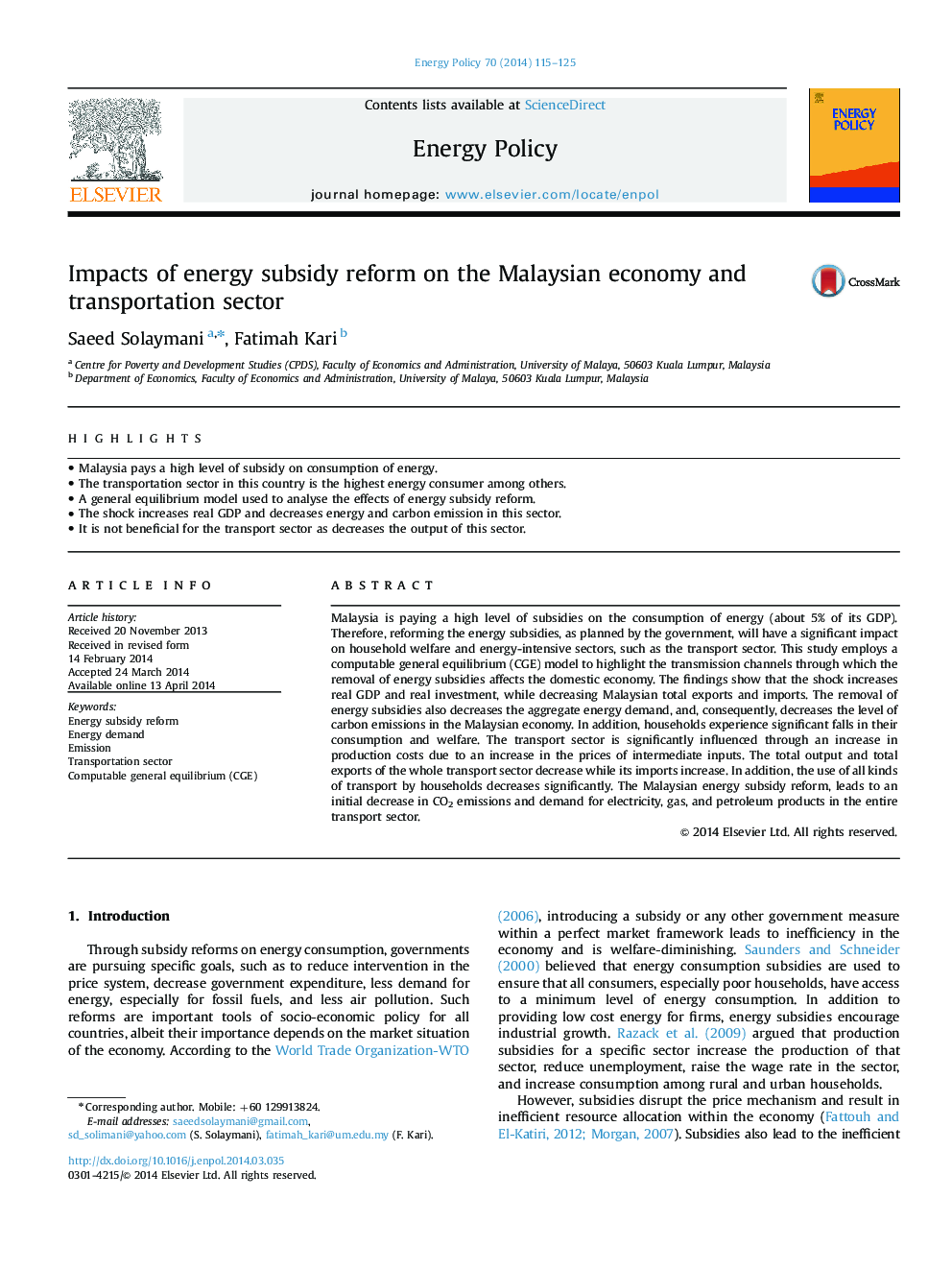 Impacts of energy subsidy reform on the Malaysian economy and transportation sector
