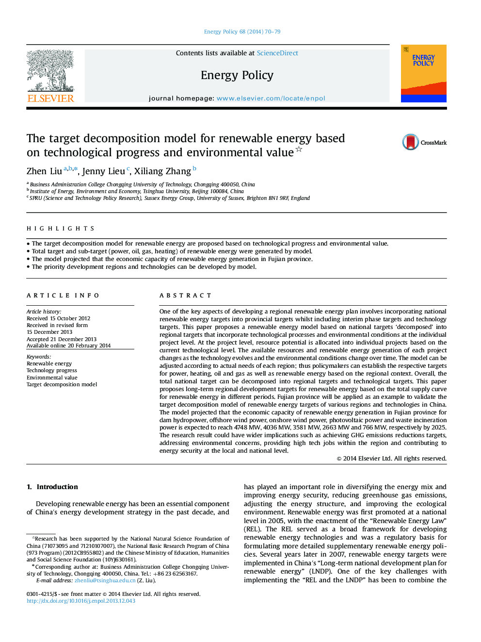 The target decomposition model for renewable energy based on technological progress and environmental value