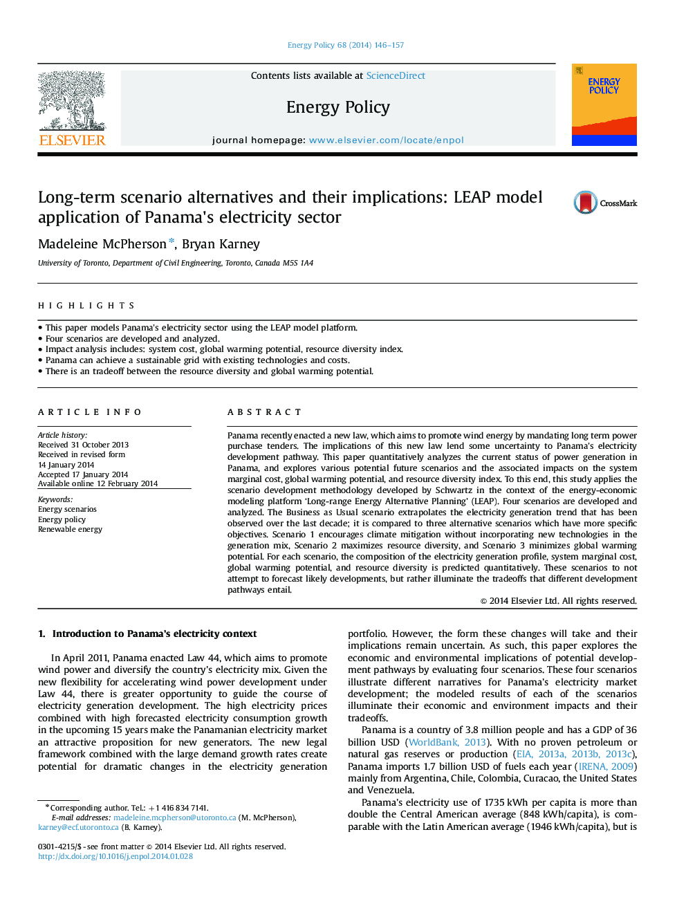 Long-term scenario alternatives and their implications: LEAP model application of Panama×³s electricity sector