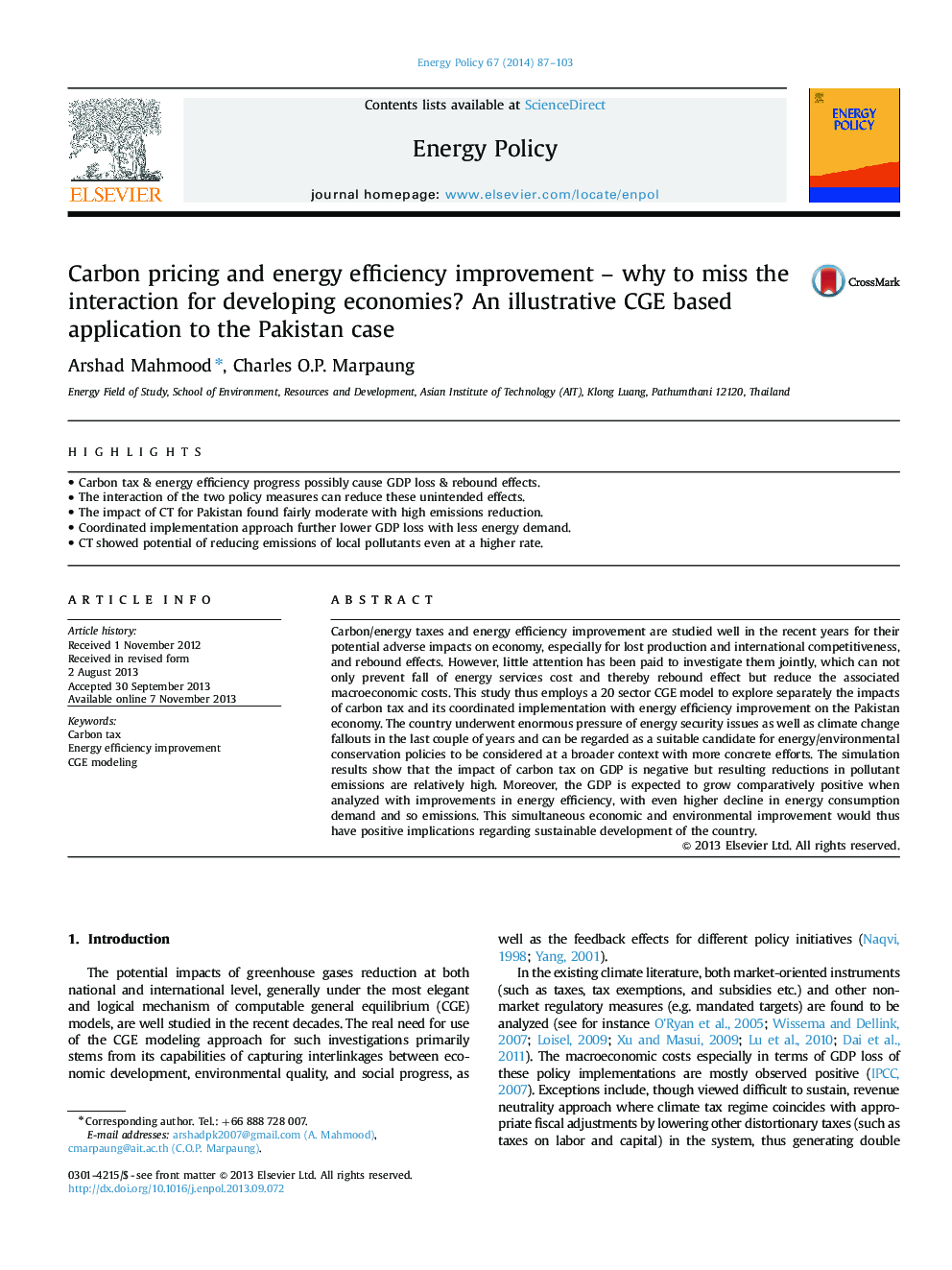 Carbon pricing and energy efficiency improvement -- why to miss the interaction for developing economies? An illustrative CGE based application to the Pakistan case