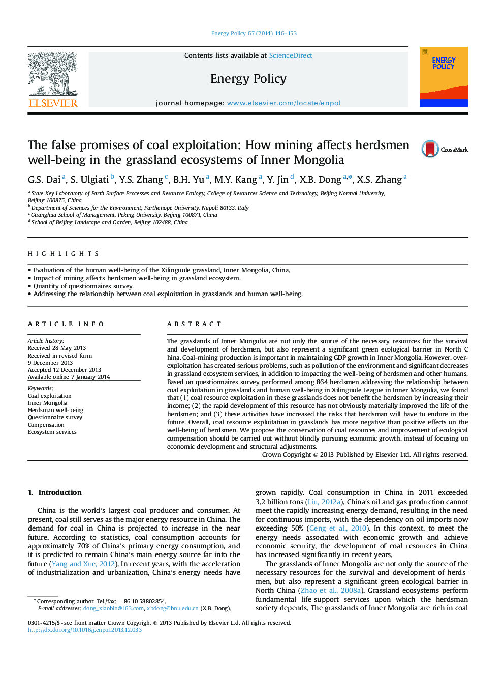 The false promises of coal exploitation: How mining affects herdsmen well-being in the grassland ecosystems of Inner Mongolia