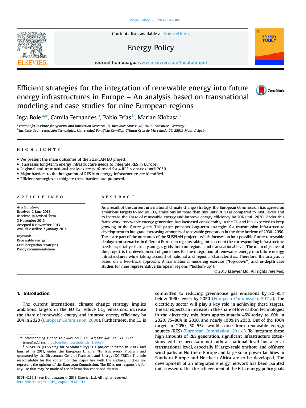 استراتژی های کارآمد برای ادغام انرژی های تجدید پذیر در زیرساخت های انرژی آینده در اروپا - تجزیه و تحلیل بر اساس مدل سازی فراملی و مطالعات موردی برای نه منطقه اروپا 