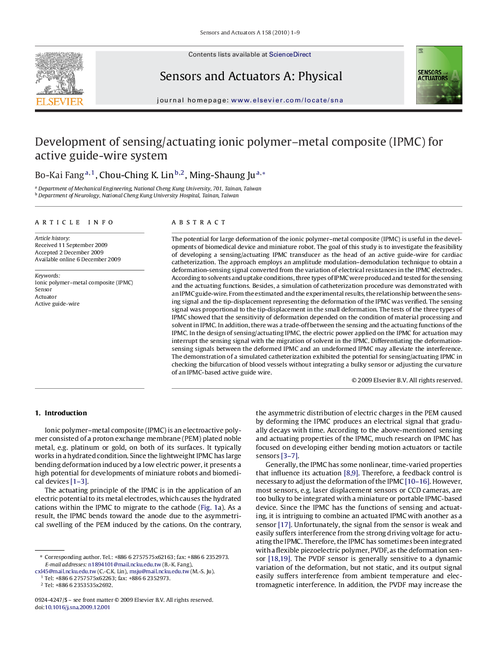 Development of sensing/actuating ionic polymer–metal composite (IPMC) for active guide-wire system