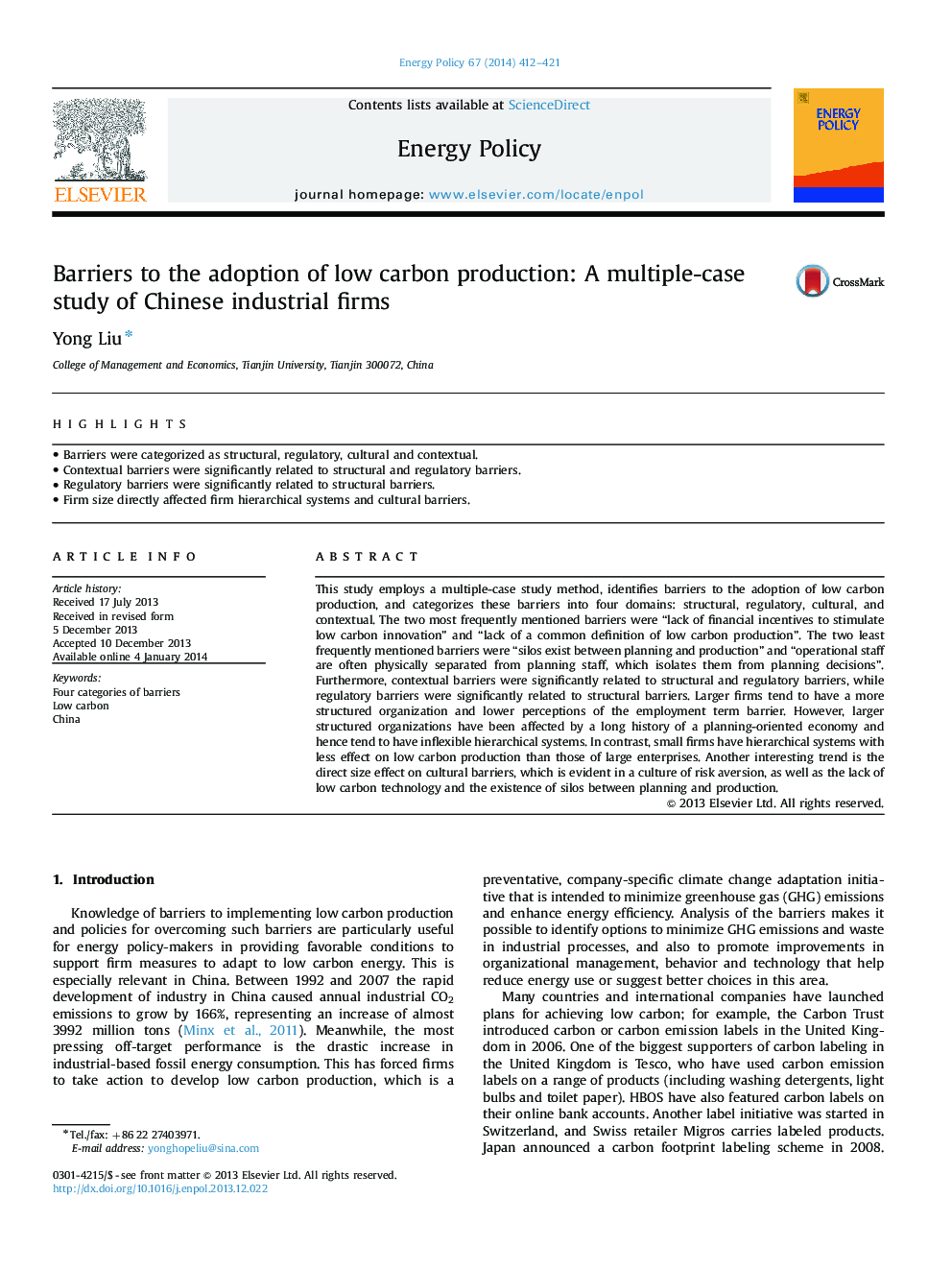 Barriers to the adoption of low carbon production: A multiple-case study of Chinese industrial firms