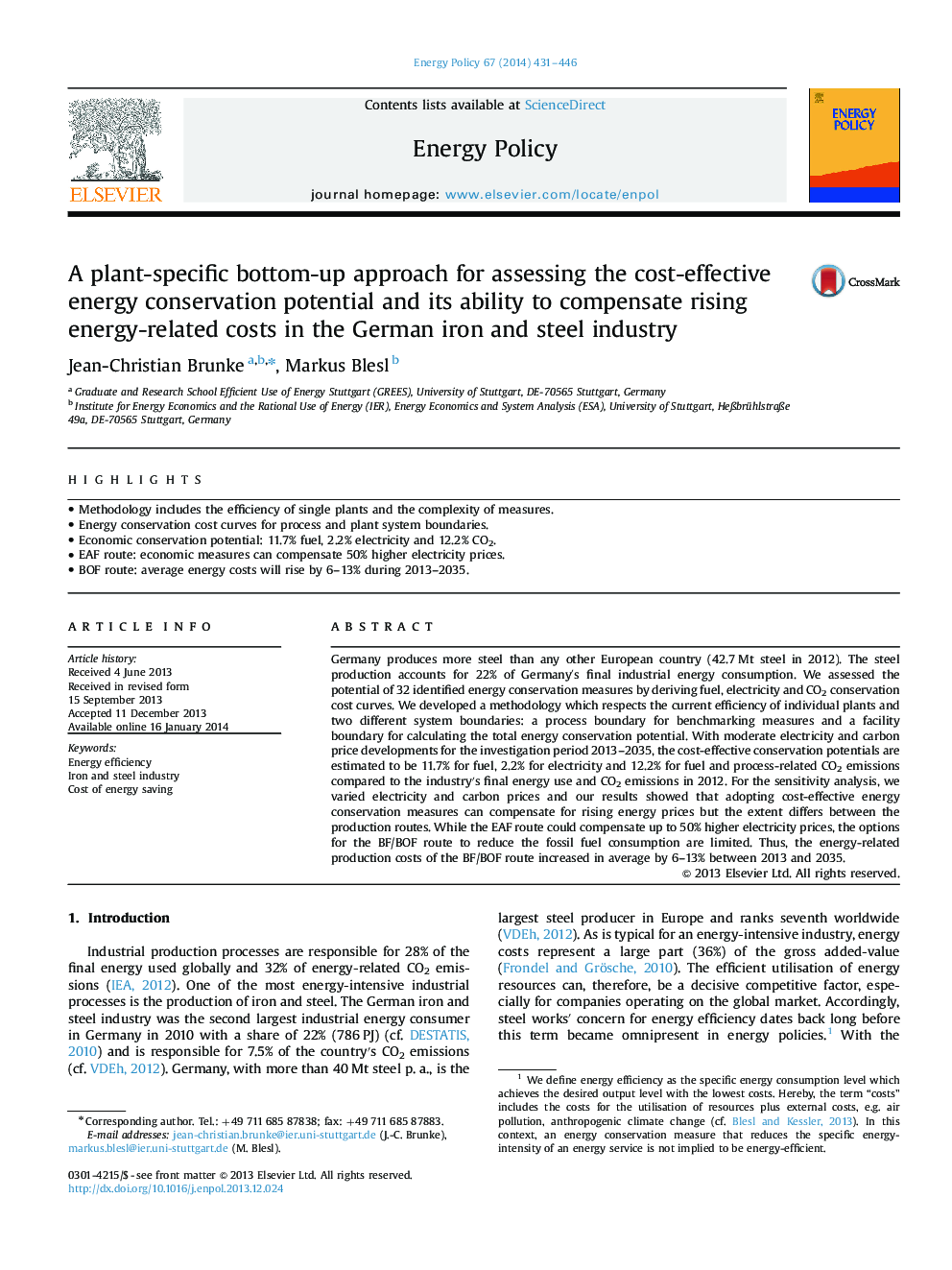 A plant-specific bottom-up approach for assessing the cost-effective energy conservation potential and its ability to compensate rising energy-related costs in the German iron and steel industry