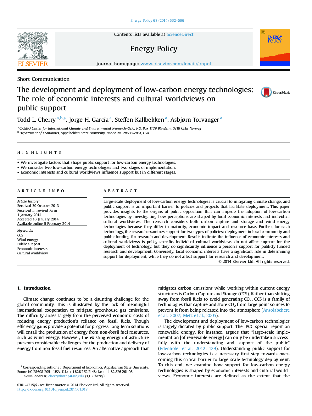 توسعه و گسترش تکنولوژی های انرژی کم کربن: نقش منافع اقتصادی و جهان بینی های فرهنگی بر حمایت عمومی 