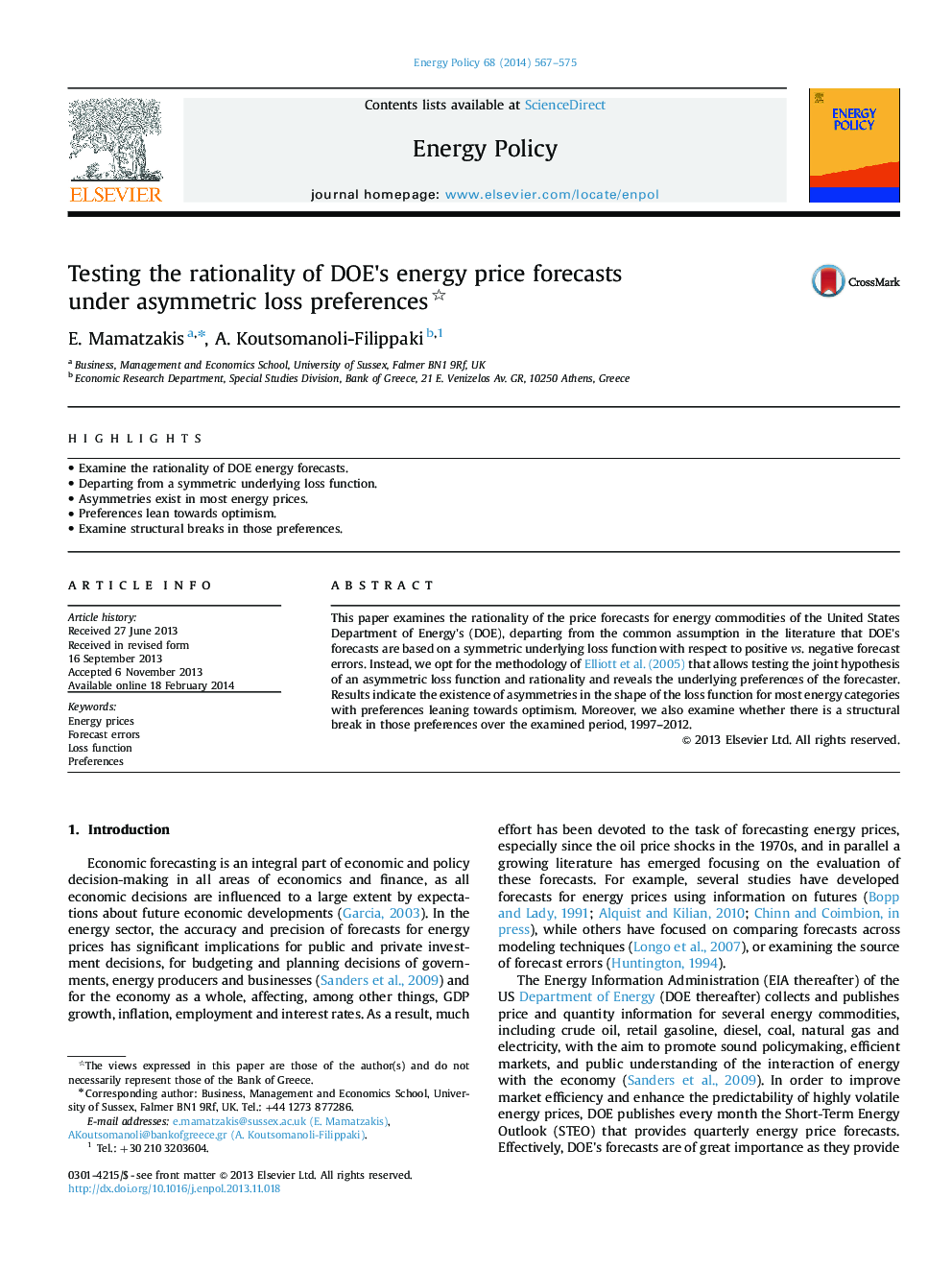 Testing the rationality of DOE's energy price forecasts under asymmetric loss preferences