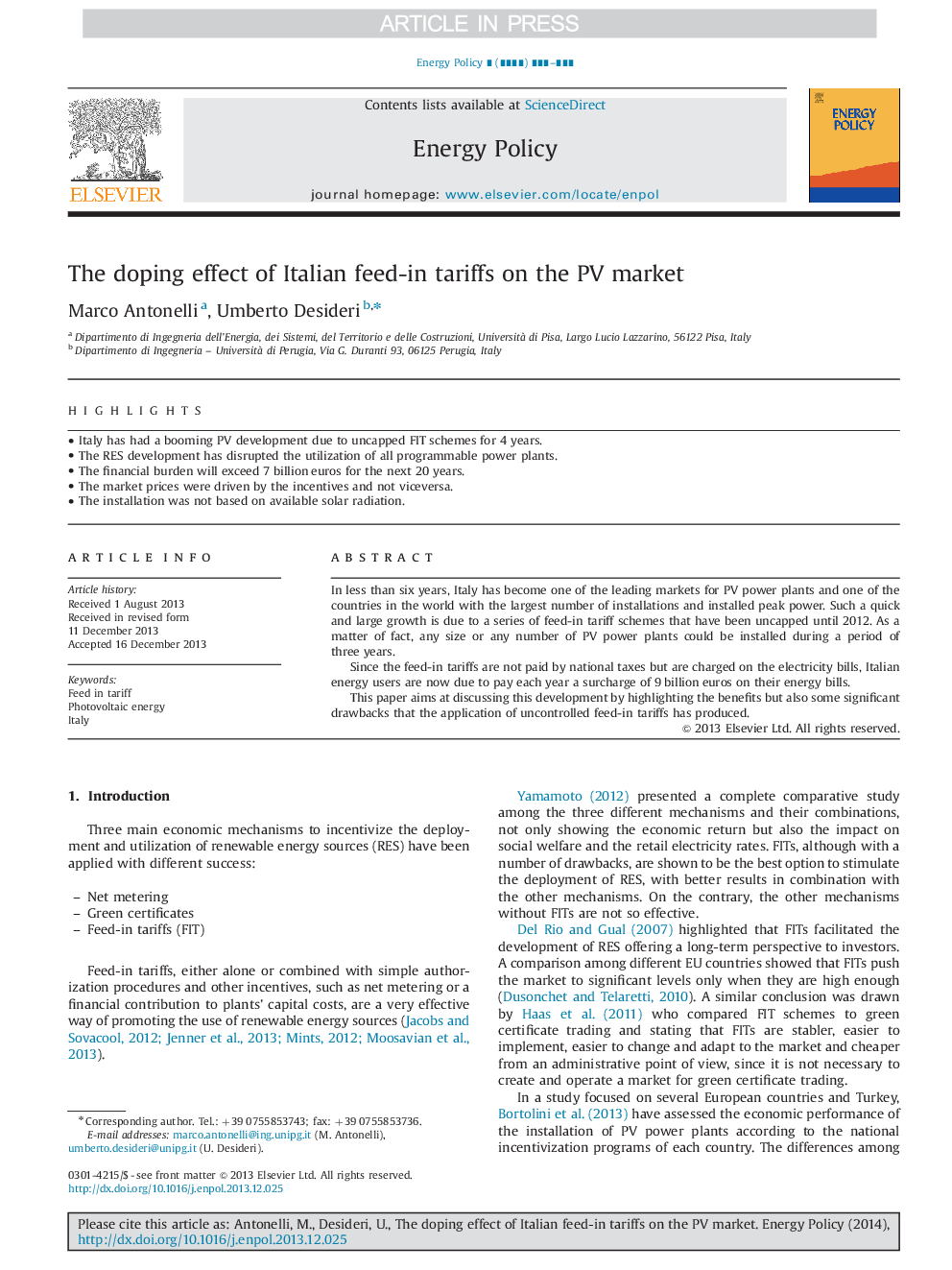 The doping effect of Italian feed-in tariffs on the PV market