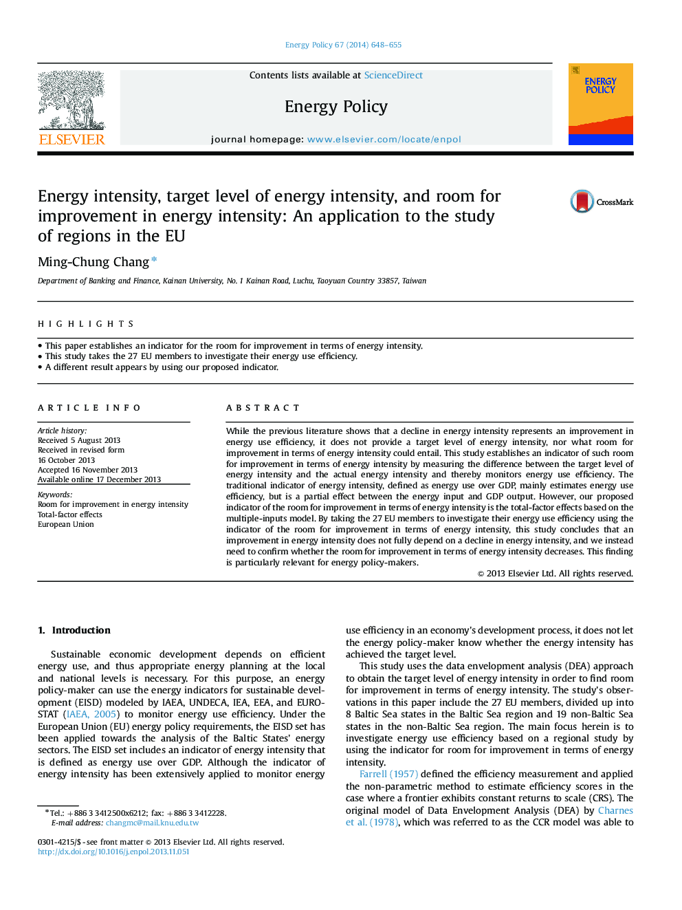Energy intensity, target level of energy intensity, and room for improvement in energy intensity: An application to the study of regions in the EU