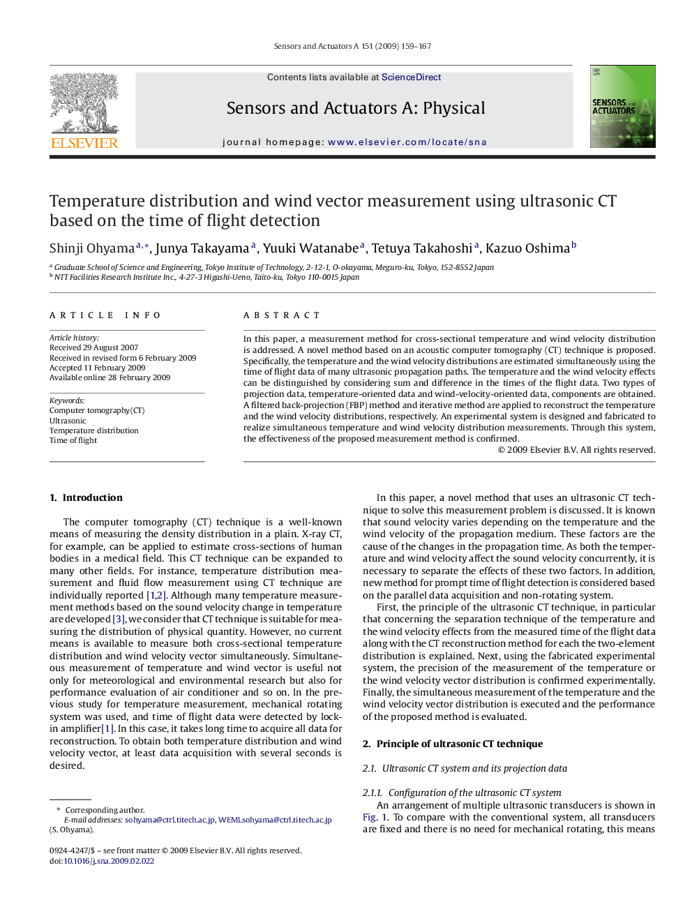 Temperature distribution and wind vector measurement using ultrasonic CT based on the time of flight detection