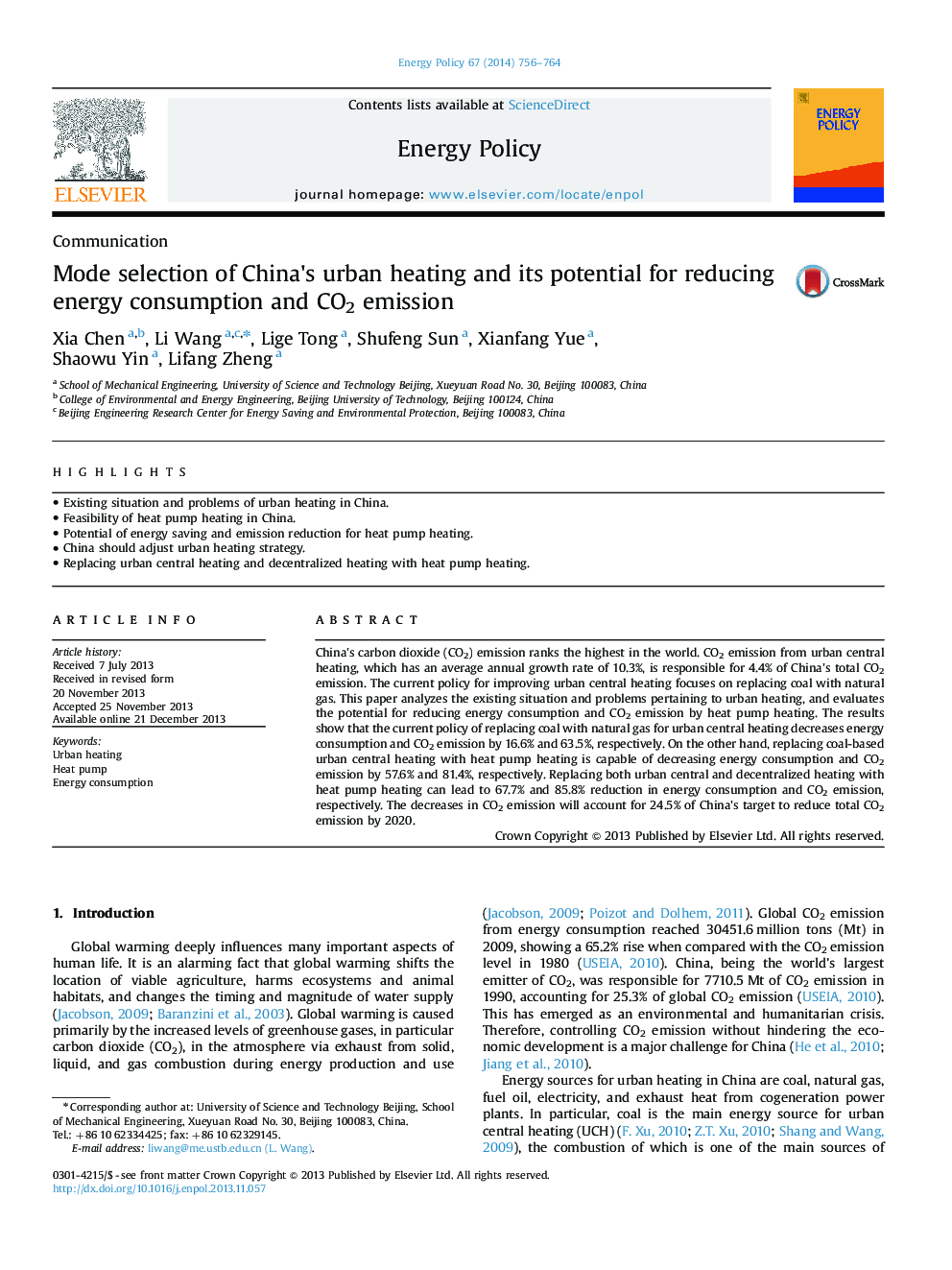 Mode selection of China's urban heating and its potential for reducing energy consumption and CO2 emission