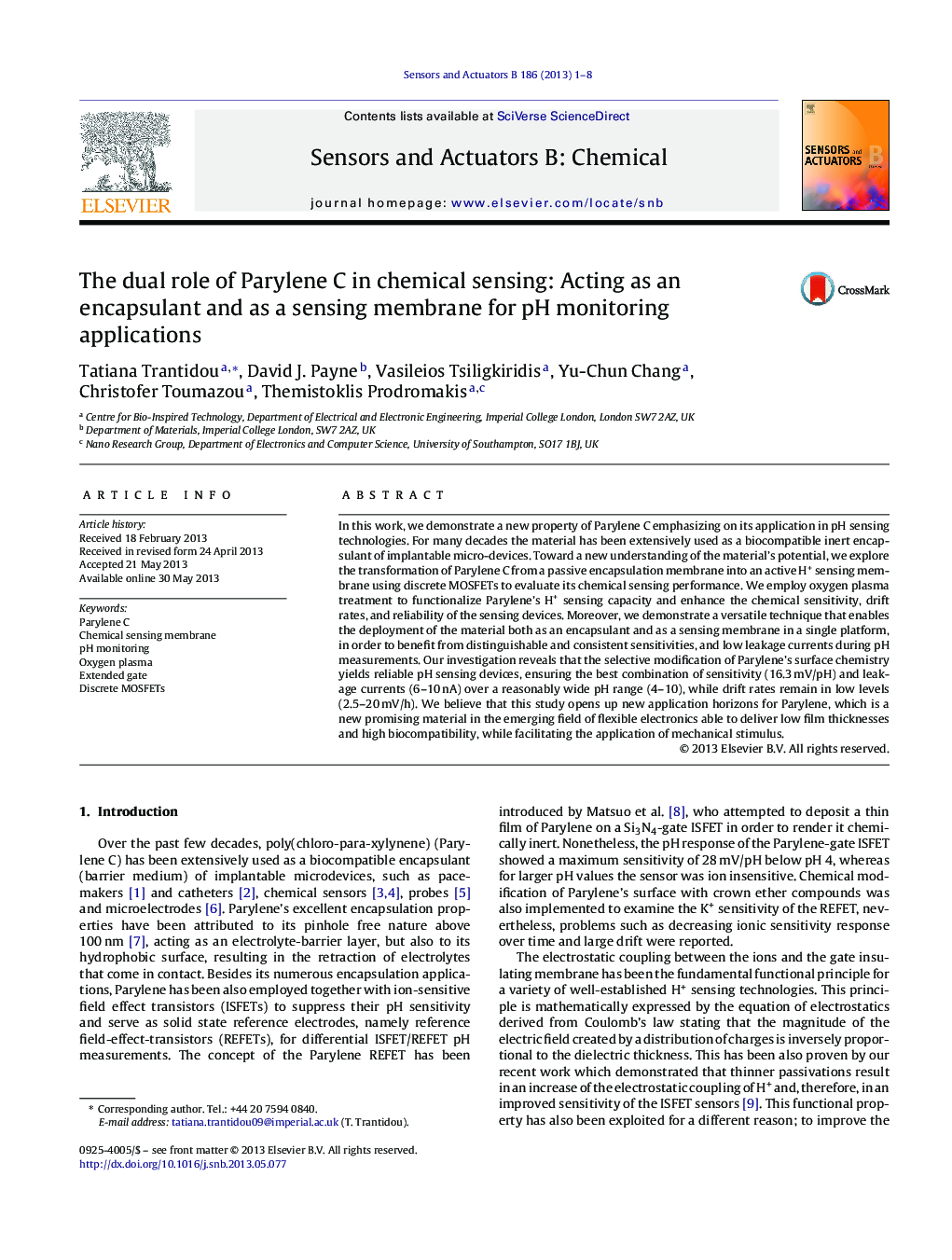 The dual role of Parylene C in chemical sensing: Acting as an encapsulant and as a sensing membrane for pH monitoring applications