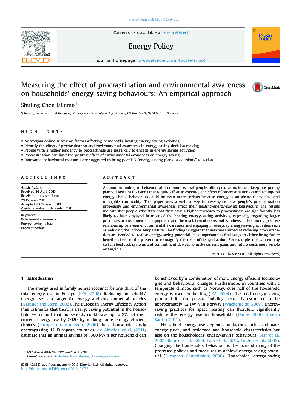 Measuring the effect of procrastination and environmental awareness on households' energy-saving behaviours: An empirical approach