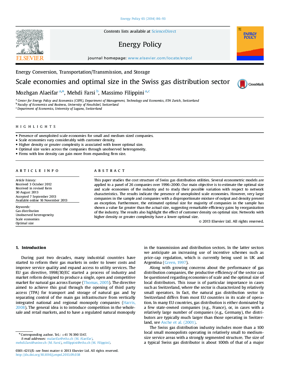 Scale economies and optimal size in the Swiss gas distribution sector