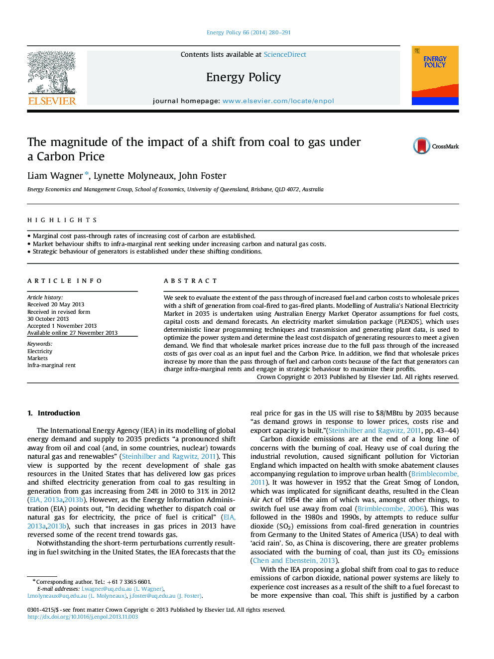 The magnitude of the impact of a shift from coal to gas under a Carbon Price