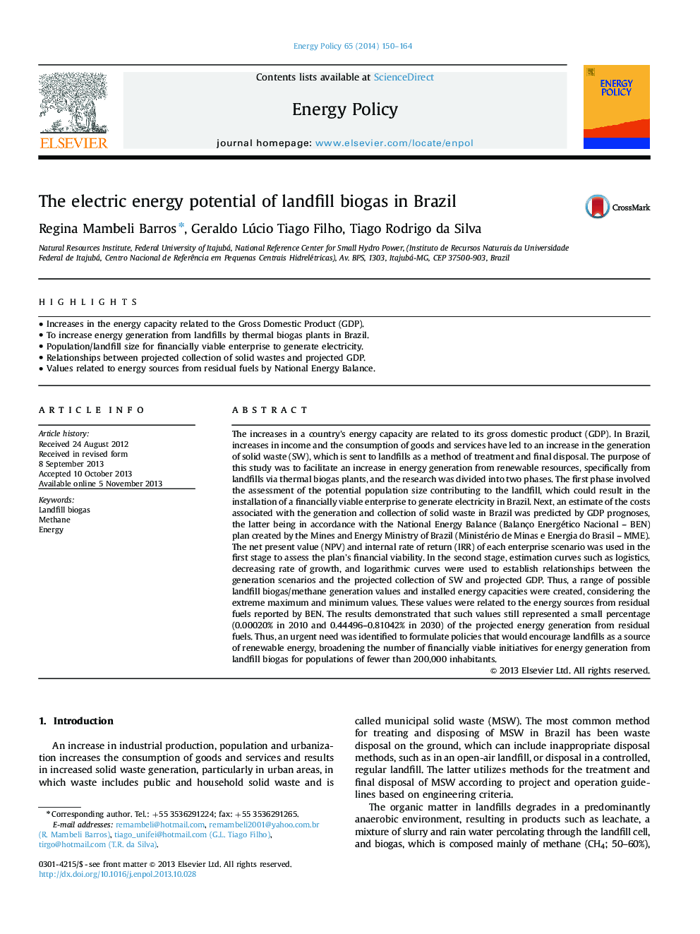 The electric energy potential of landfill biogas in Brazil