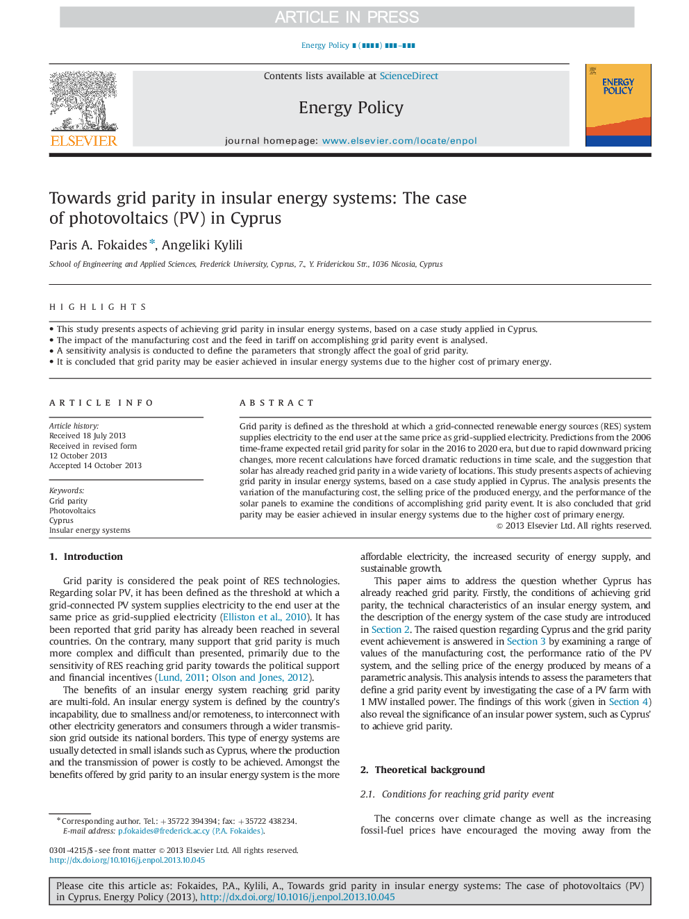 Towards grid parity in insular energy systems: The case of photovoltaics (PV) in Cyprus