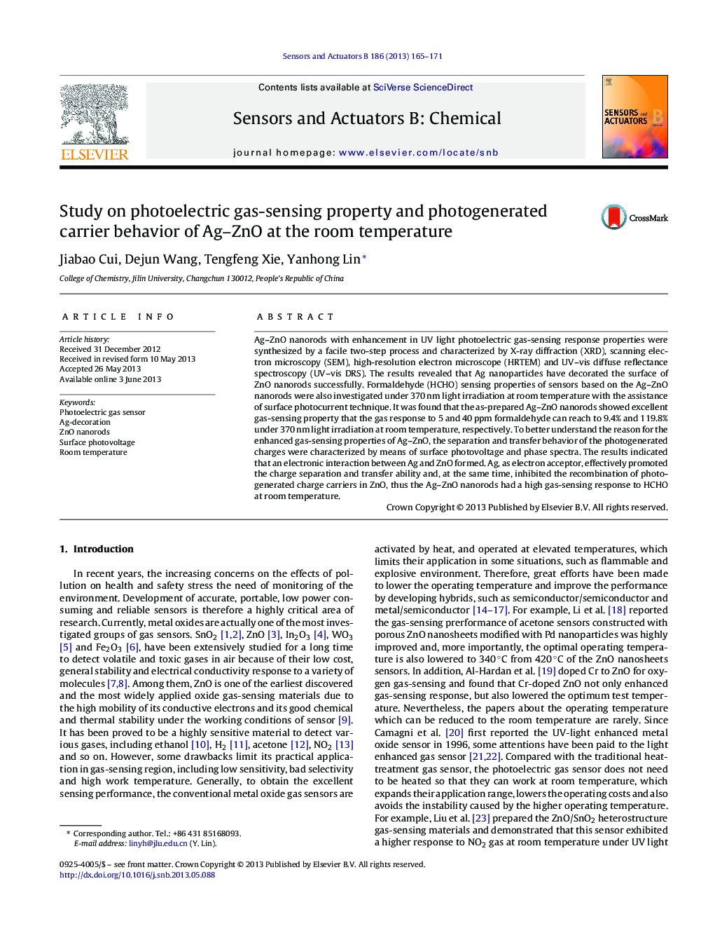 Study on photoelectric gas-sensing property and photogenerated carrier behavior of Ag–ZnO at the room temperature