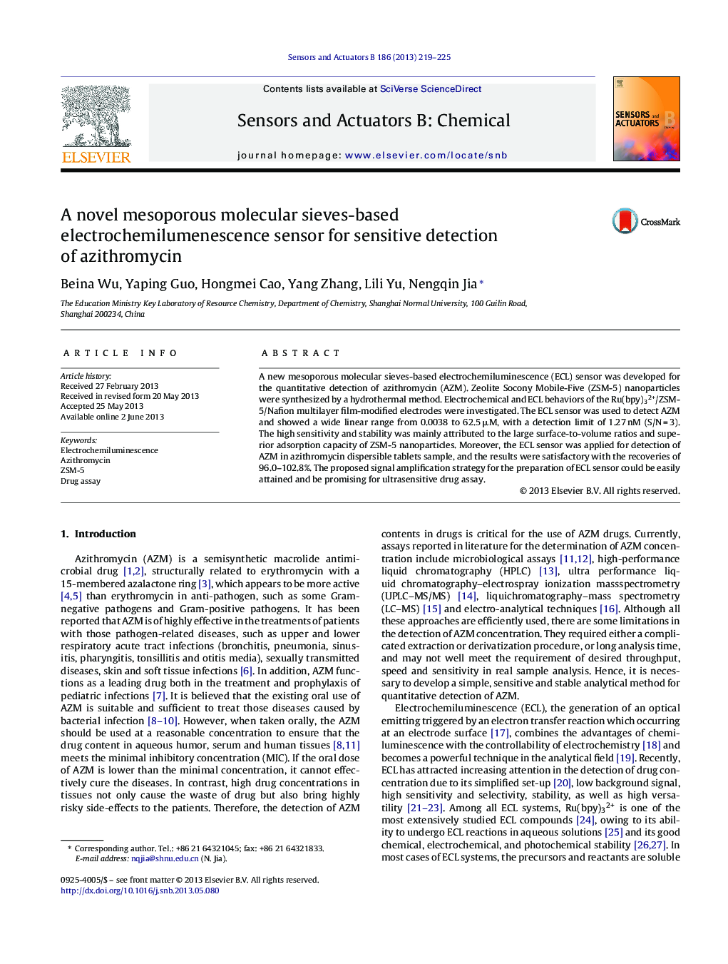 A novel mesoporous molecular sieves-based electrochemilumenescence sensor for sensitive detection of azithromycin