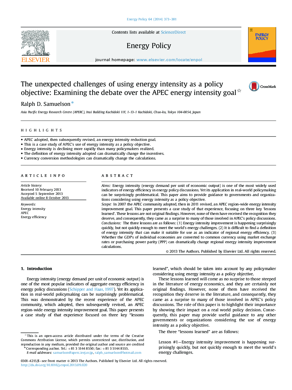 The unexpected challenges of using energy intensity as a policy objective: Examining the debate over the APEC energy intensity goal