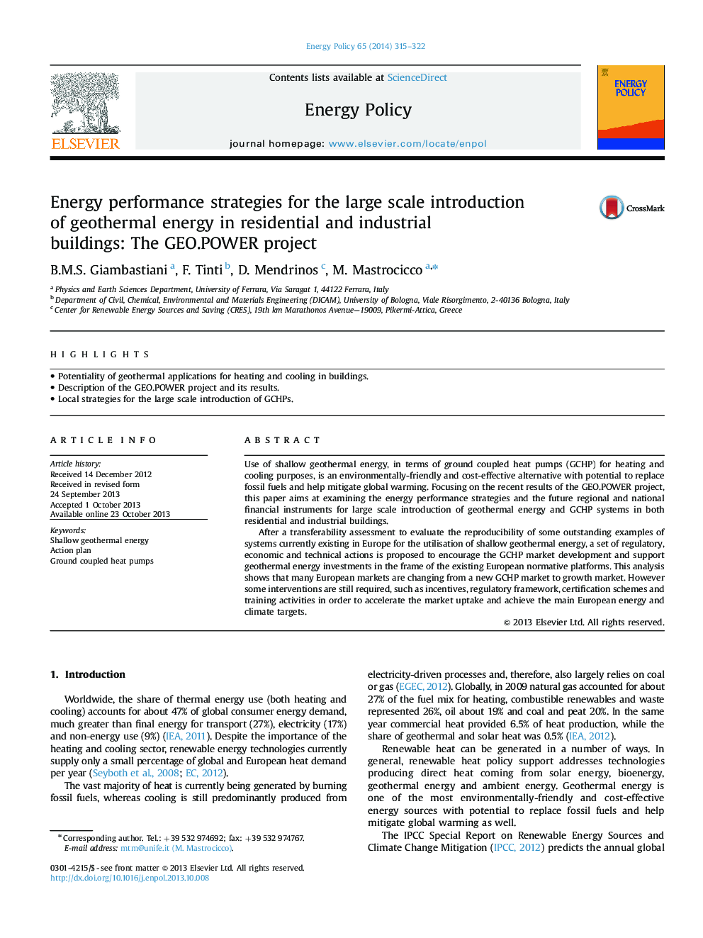 Energy performance strategies for the large scale introduction of geothermal energy in residential and industrial buildings: The GEO.POWER project