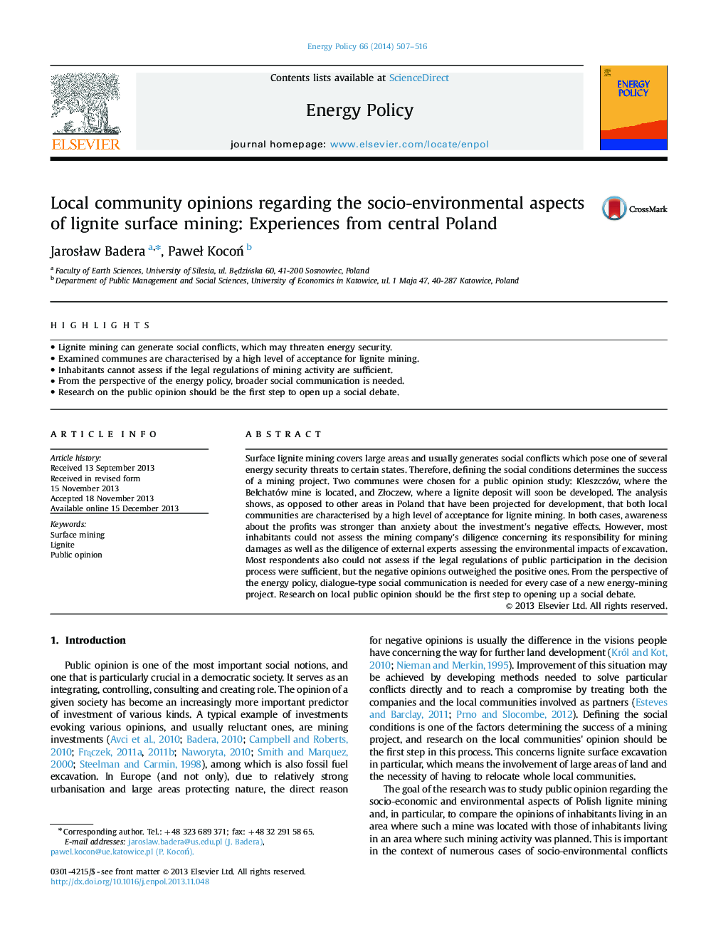 Local community opinions regarding the socio-environmental aspects of lignite surface mining: Experiences from central Poland