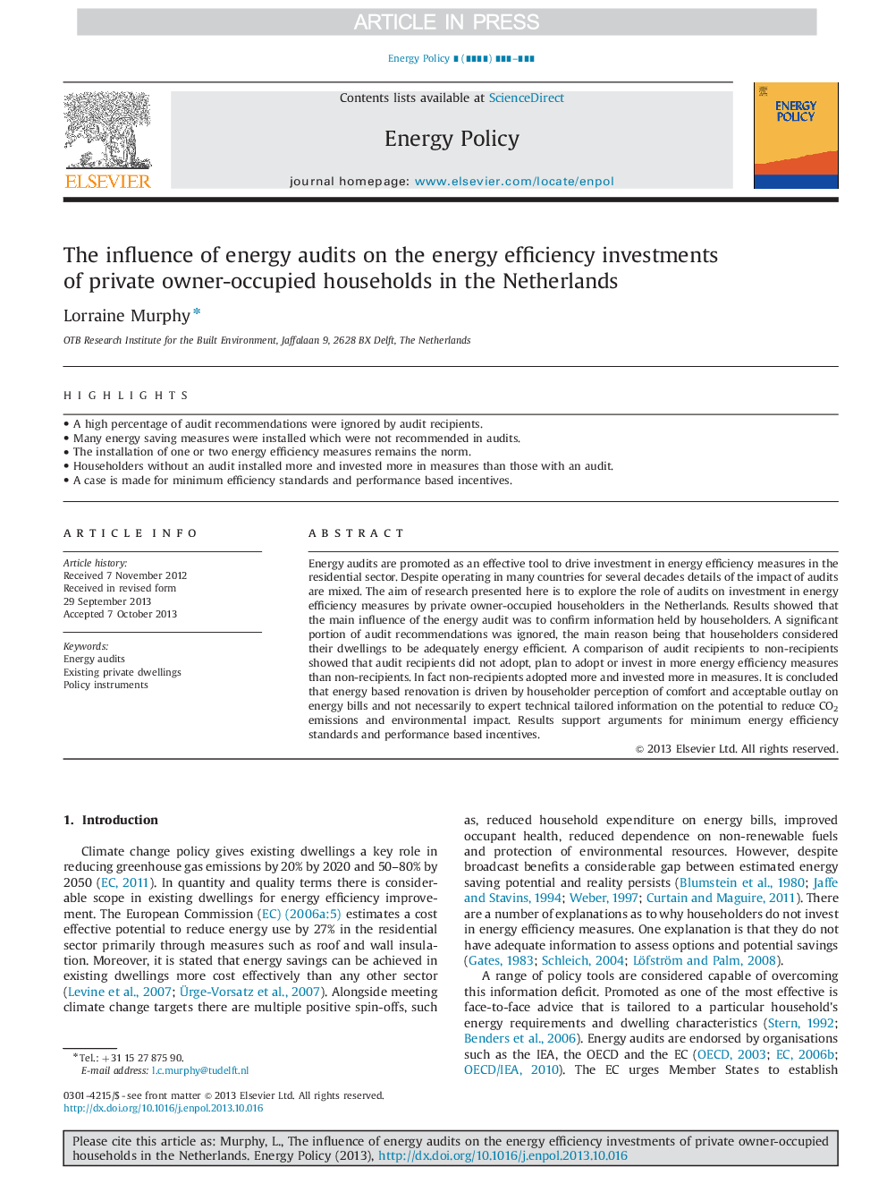 The influence of energy audits on the energy efficiency investments of private owner-occupied households in the Netherlands