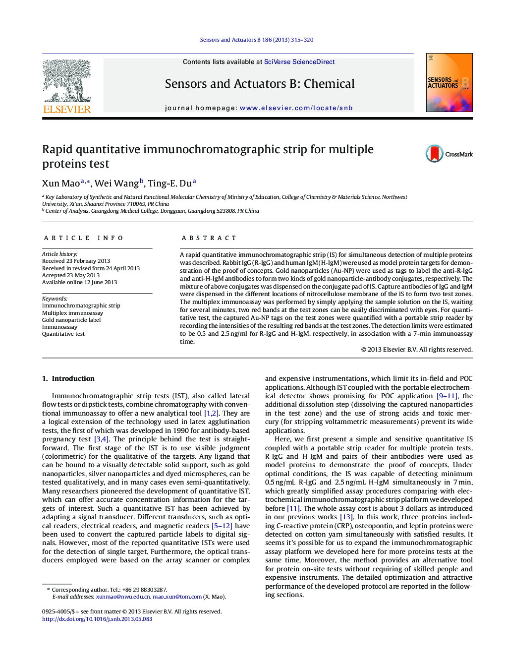 Rapid quantitative immunochromatographic strip for multiple proteins test