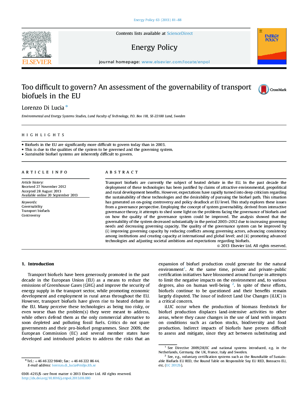 Too difficult to govern? An assessment of the governability of transport biofuels in the EU