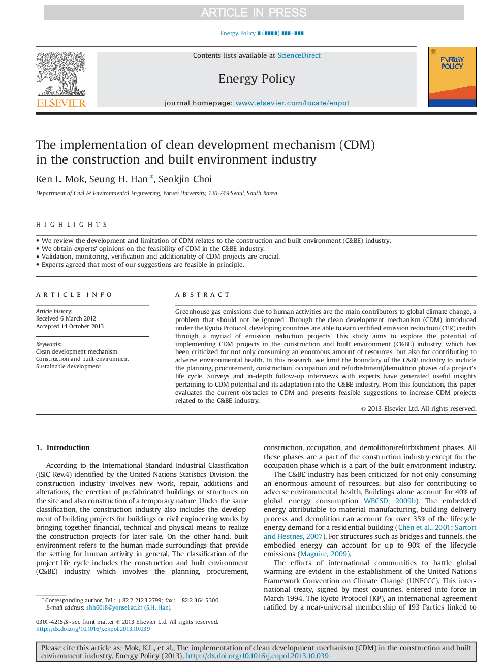 The implementation of clean development mechanism (CDM) in the construction and built environment industry