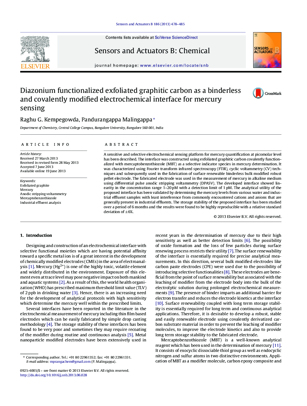 Diazonium functionalized exfoliated graphitic carbon as a binderless and covalently modified electrochemical interface for mercury sensing