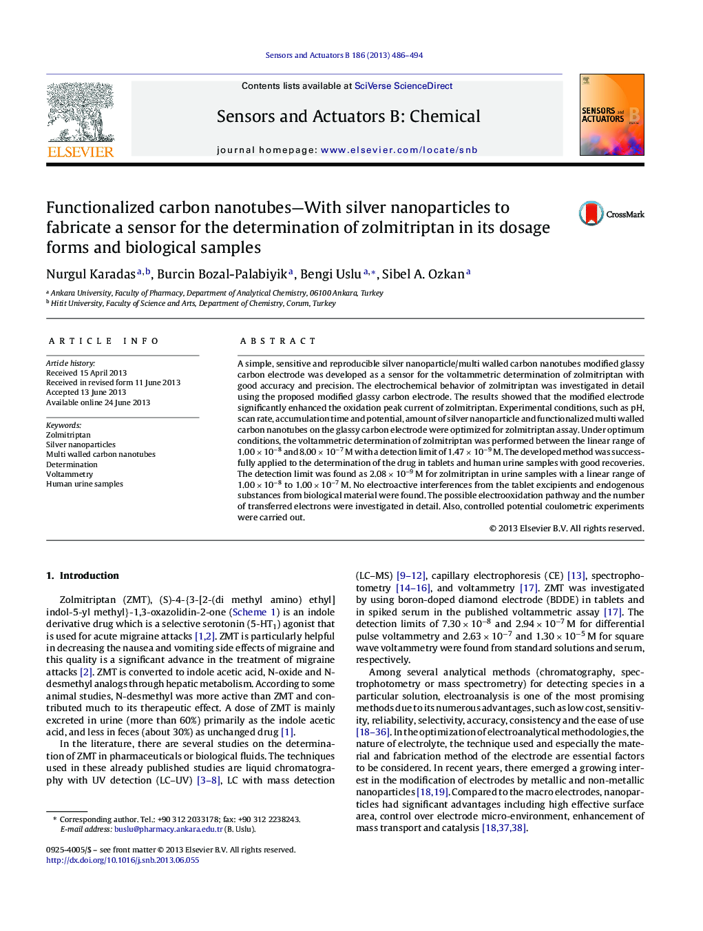 Functionalized carbon nanotubes—With silver nanoparticles to fabricate a sensor for the determination of zolmitriptan in its dosage forms and biological samples