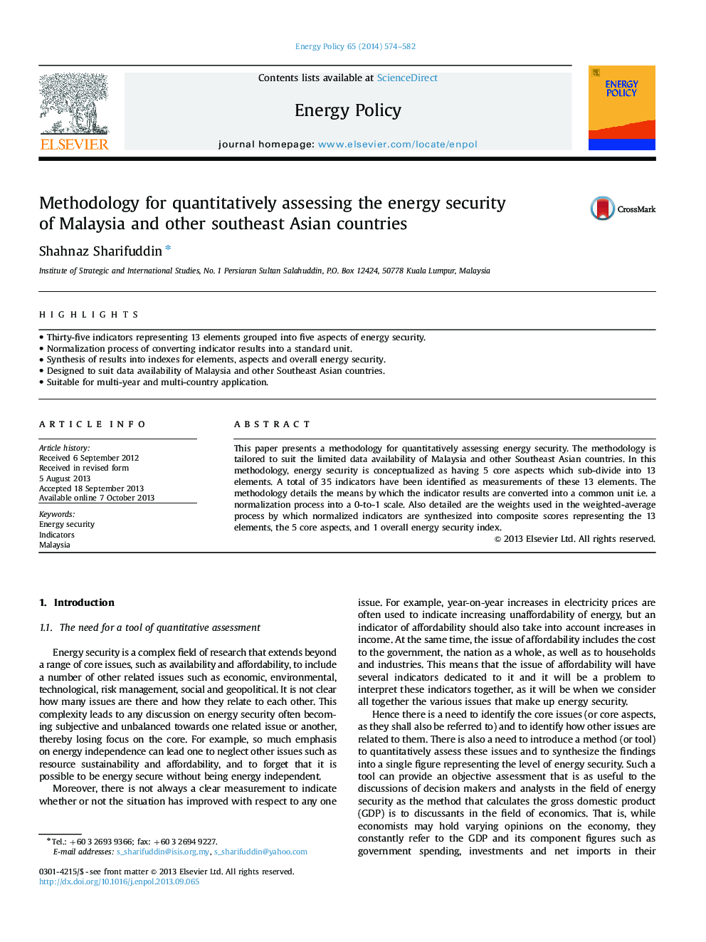 Methodology for quantitatively assessing the energy security of Malaysia and other southeast Asian countries