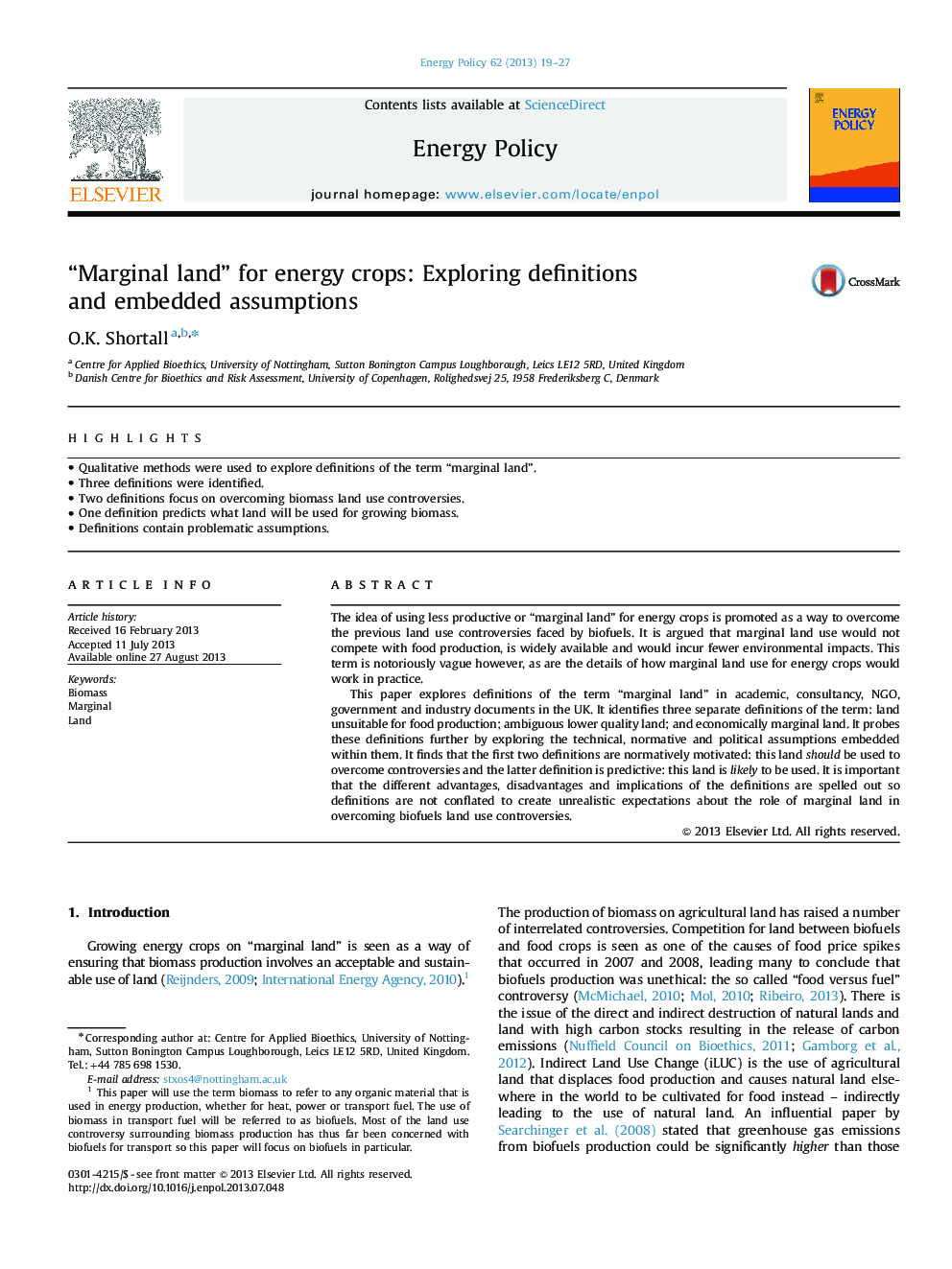 “Marginal land” for energy crops: Exploring definitions and embedded assumptions