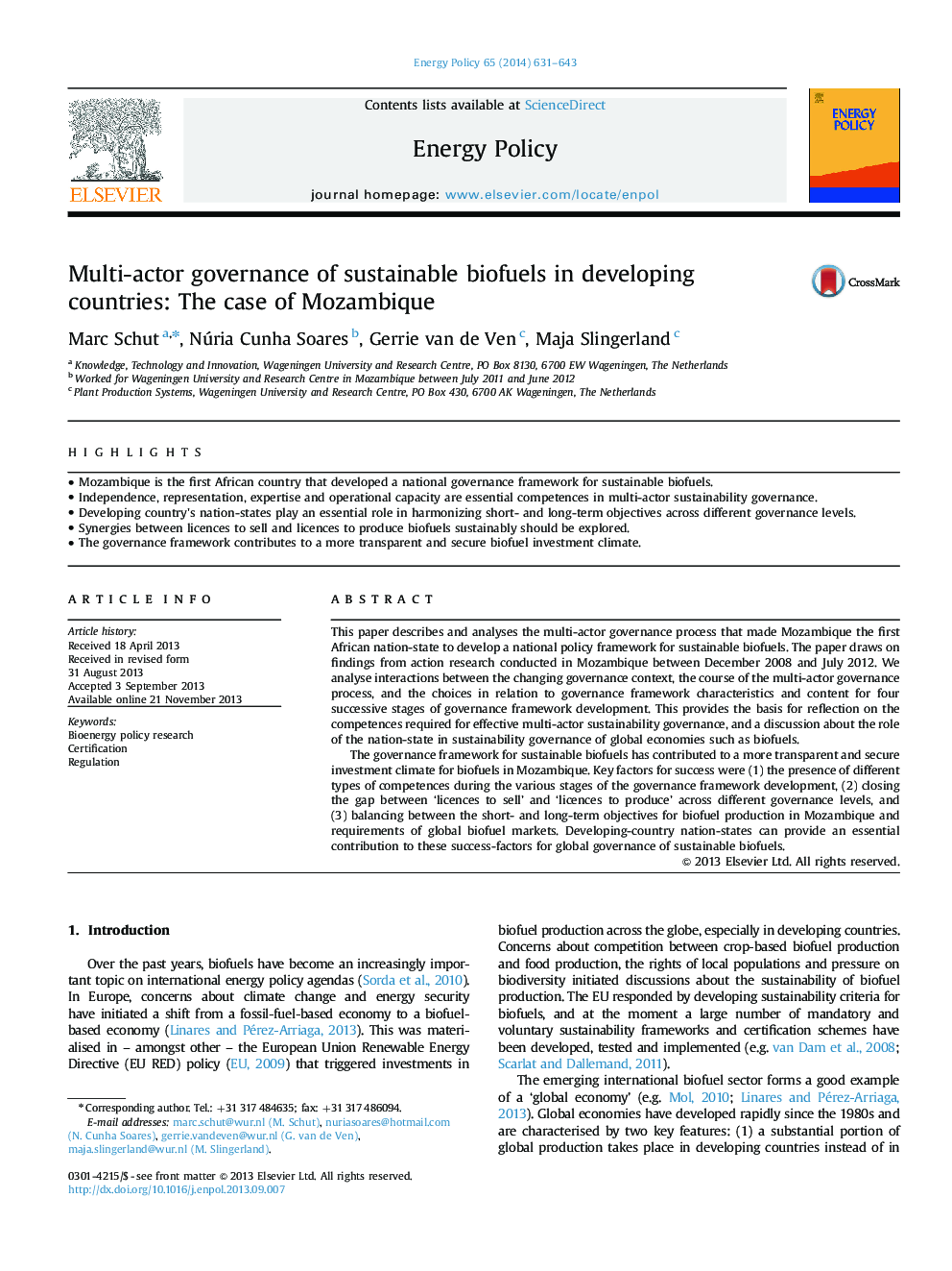 Multi-actor governance of sustainable biofuels in developing countries: The case of Mozambique