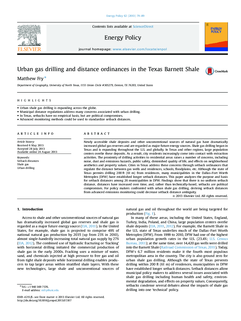 Urban gas drilling and distance ordinances in the Texas Barnett Shale