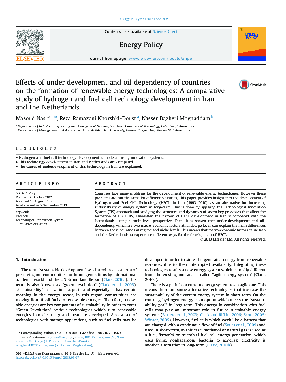 Effects of under-development and oil-dependency of countries on the formation of renewable energy technologies: A comparative study of hydrogen and fuel cell technology development in Iran and the Netherlands