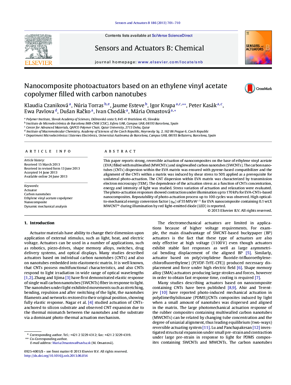 Nanocomposite photoactuators based on an ethylene vinyl acetate copolymer filled with carbon nanotubes