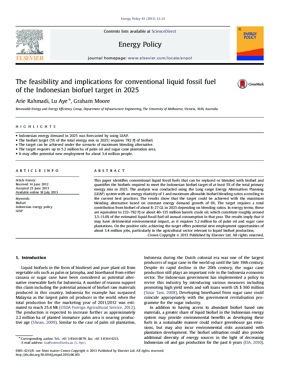 The feasibility and implications for conventional liquid fossil fuel of the Indonesian biofuel target in 2025