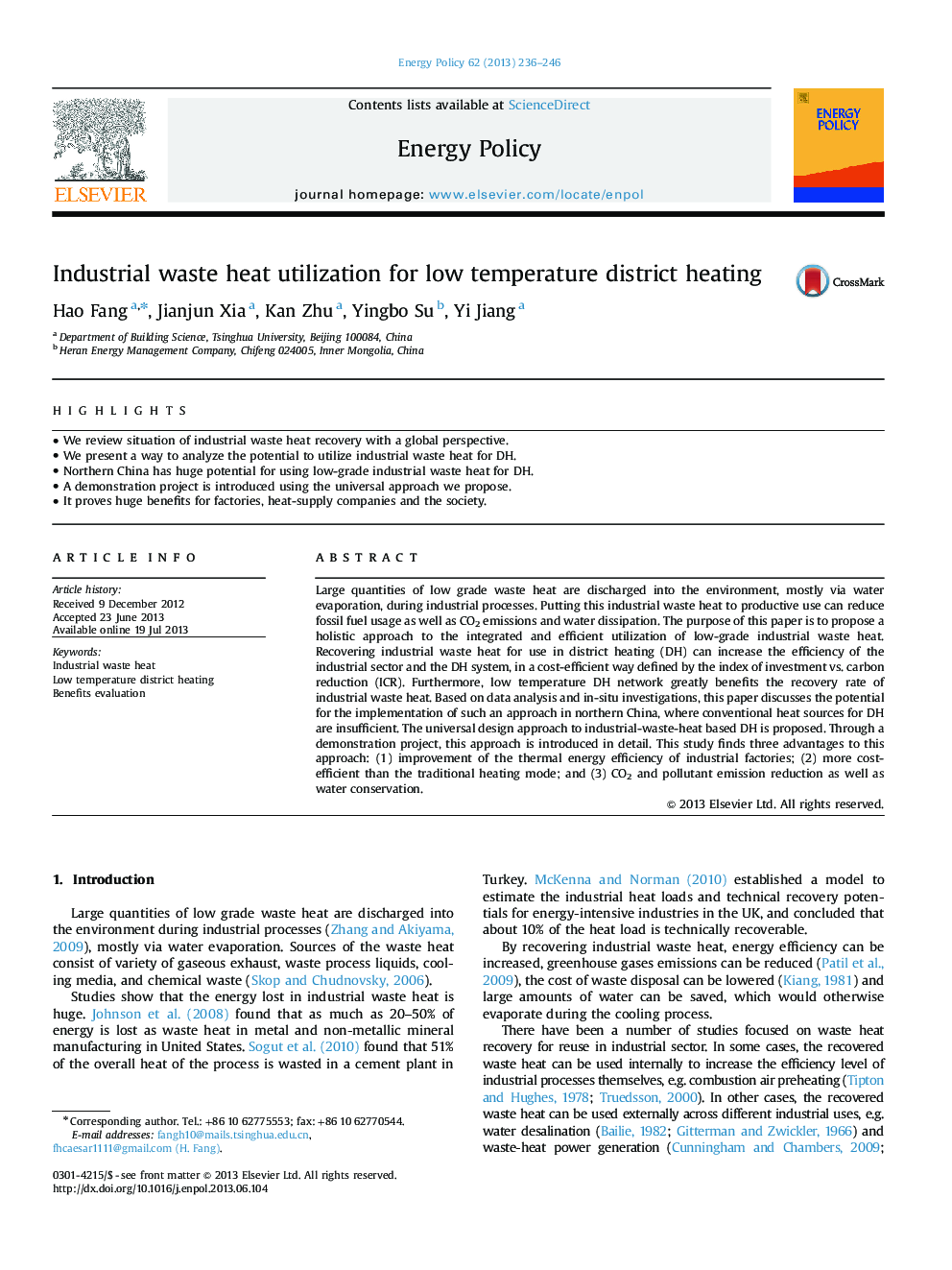 Industrial waste heat utilization for low temperature district heating