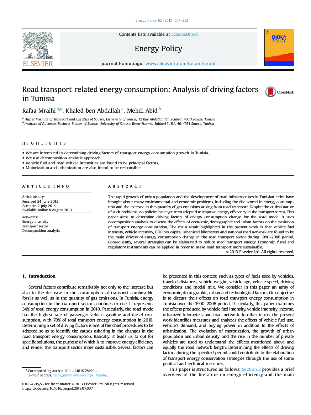 Road transport-related energy consumption: Analysis of driving factors in Tunisia