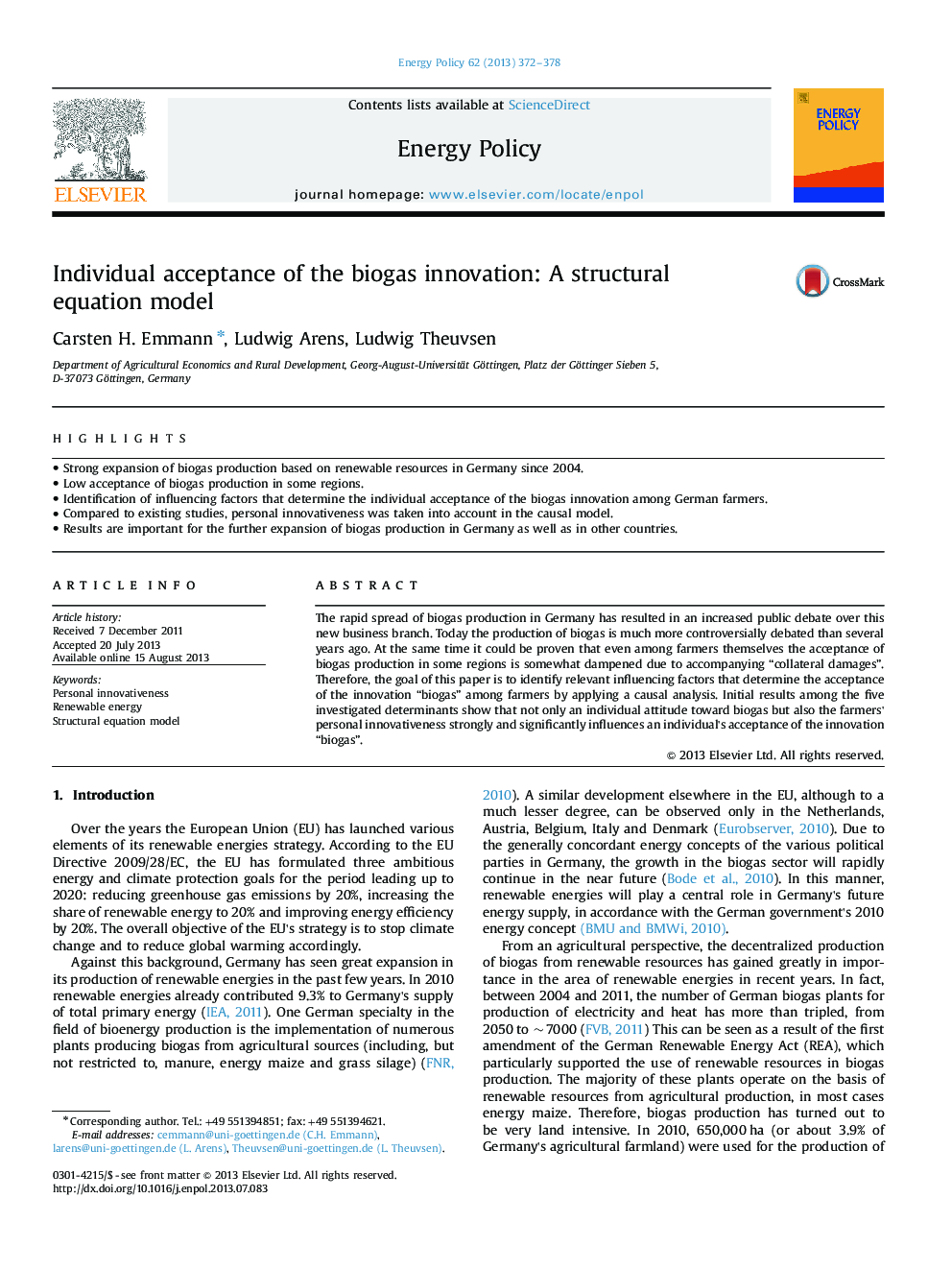 Individual acceptance of the biogas innovation: A structural equation model