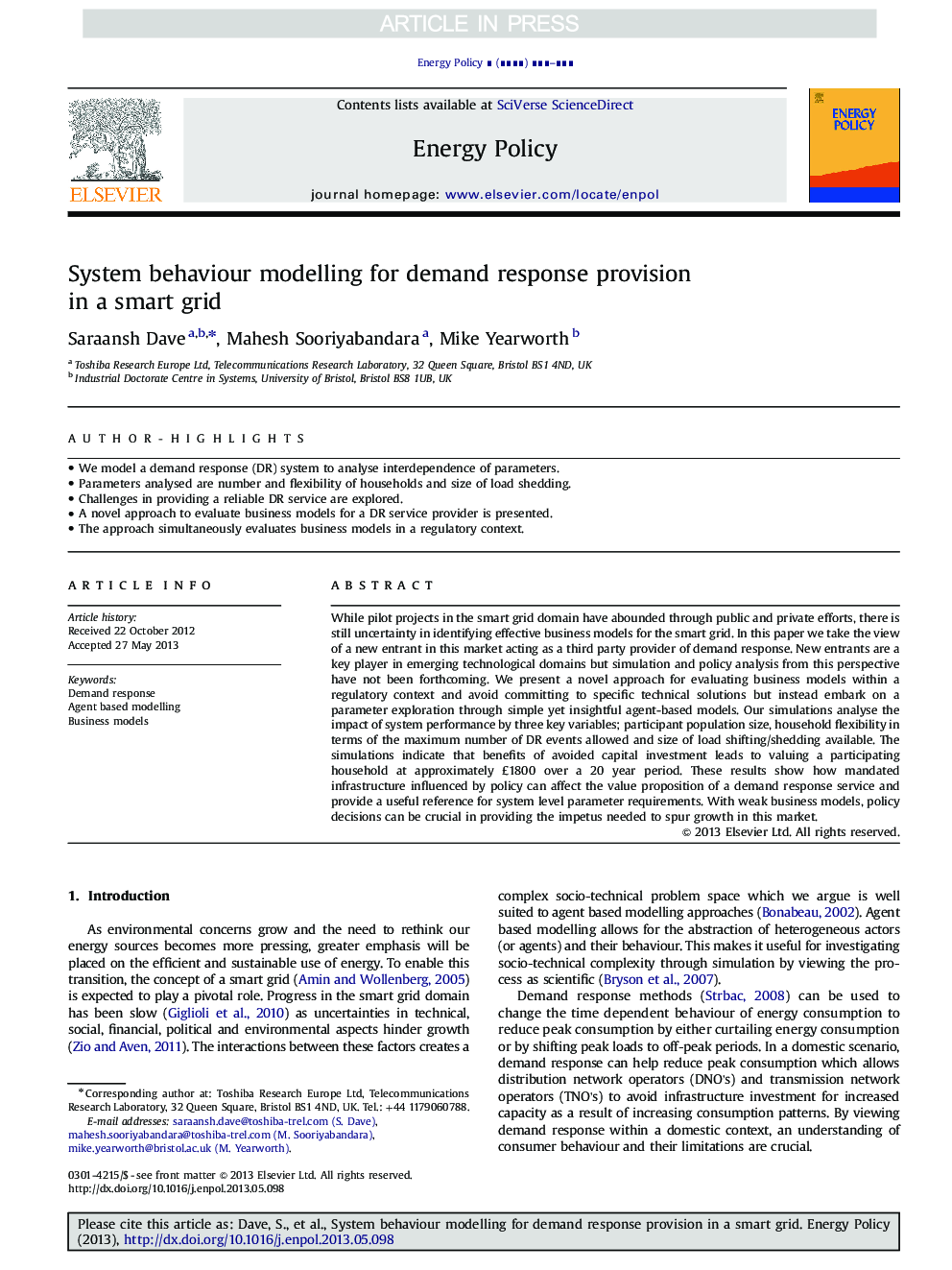 System behaviour modelling for demand response provision in a smart grid