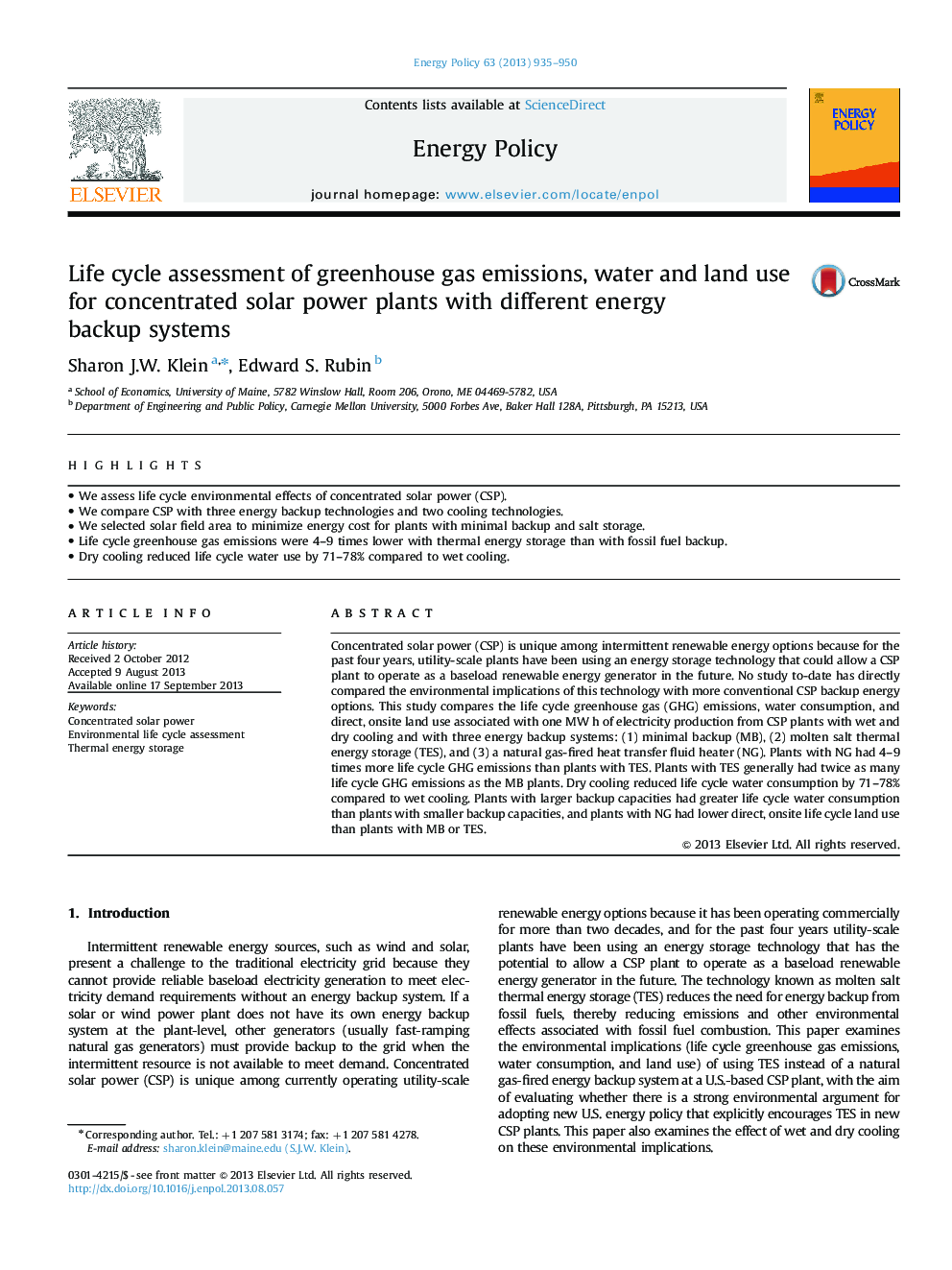 Life cycle assessment of greenhouse gas emissions, water and land use for concentrated solar power plants with different energy backup systems