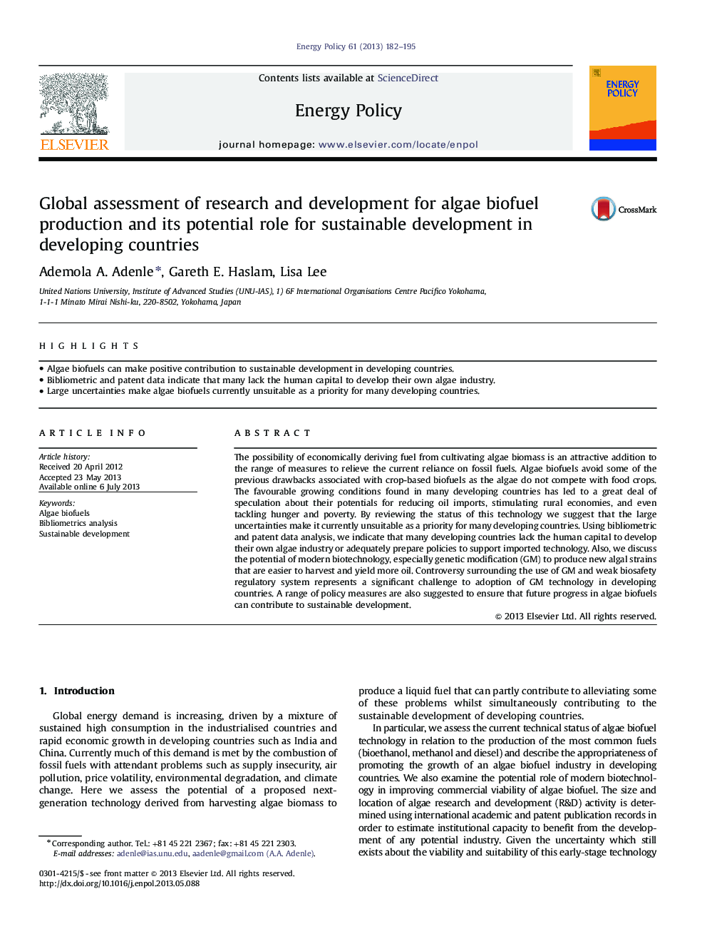 Global assessment of research and development for algae biofuel production and its potential role for sustainable development in developing countries