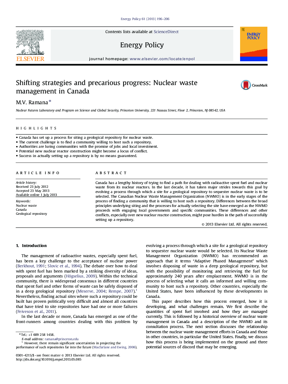Shifting strategies and precarious progress: Nuclear waste management in Canada